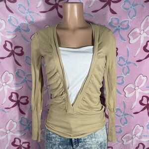 Y2K Derek Heart Beige Layered Thermal Ruched Deep V-Neck Top w/ Attached Top M